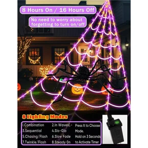 Giant Spider Web Halloween Decor Light w/ 250 LEDs 16.4FT Net 4Ft Spider 8 Modes